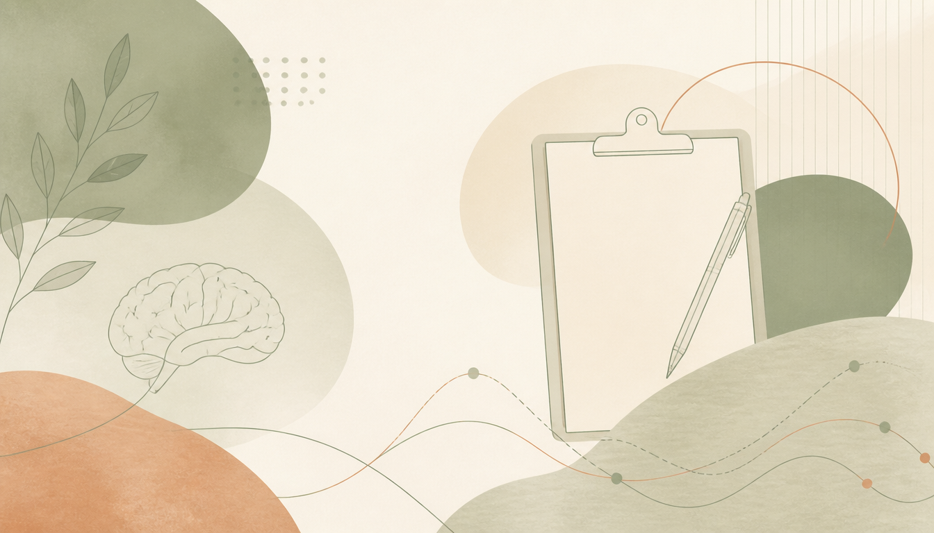 Illustrazione astratta di psicodiagnosi con cervello, clipboard e forme organiche